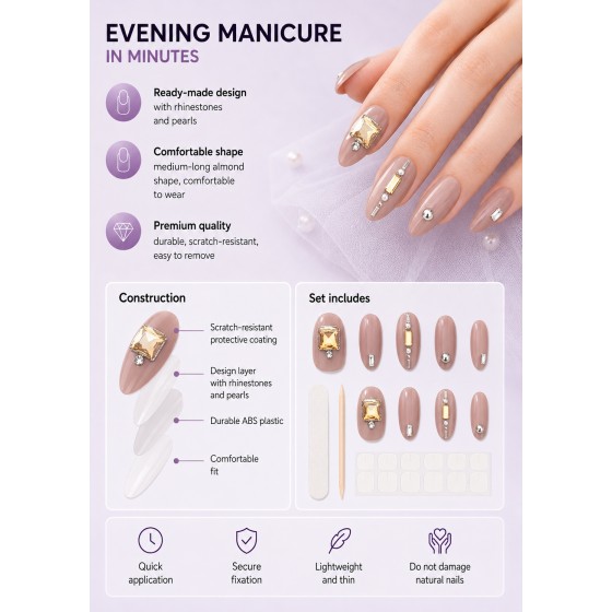 Grey‑Nude Medium‑Long Almond Press‑On Nails, Luxury Yellow Square Rhinestone Pearl Metal Decor Elegant False Nails